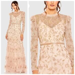 Mac Duggal 9237 Blush Pink Nude Beaded Tulle Formal Gown Long Sleeve 16 Dress